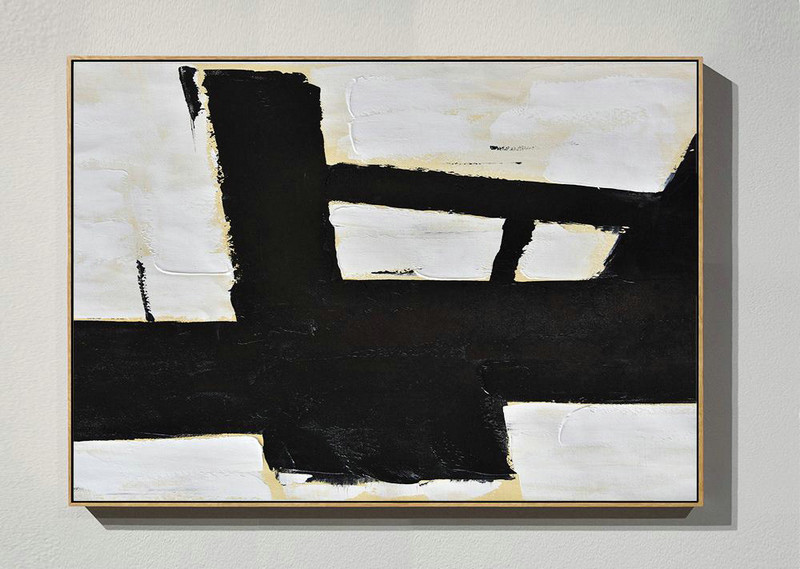 Acrylic Painting Wall Art,Horizontal Palette Knife Minimal Canvas Art Painting Black White Beige - Big Painting
